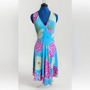 Vintage 90s Sue Wong Silk Lace Up Back Tie Teal Floral Halter Dress 10 *Flaws